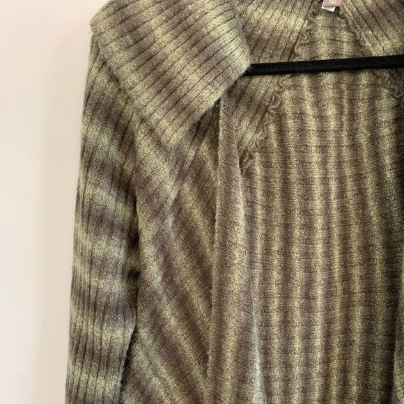 Spanner | Green & Grey Striped Long Sleeve Wool Cardigan - Picture 3 of 7